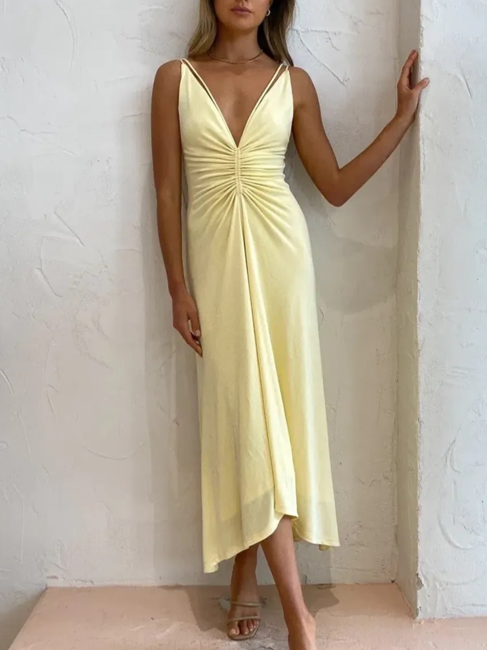 Significant Other Sassari Yellow V-Neck Ruched Midi Dress